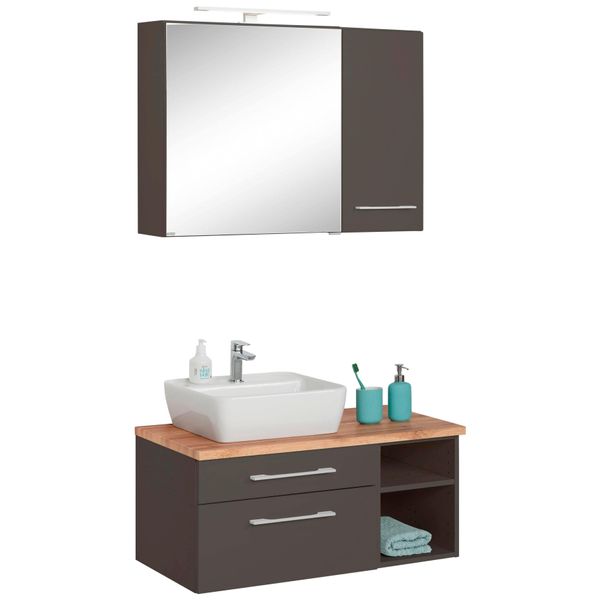 BadmöBel-Set Welltime "Davos", Grau (Grafit, Grau), Becken Links, KastenmöBel-Sets, BadmöBel-Set, Spiegelschrank Mit Extra Regal-image