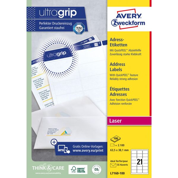 Avery L7160-100, Bianco, Rettangolo Arrotondato, Permanente, Carta, Laser, 21 Pezzi-image