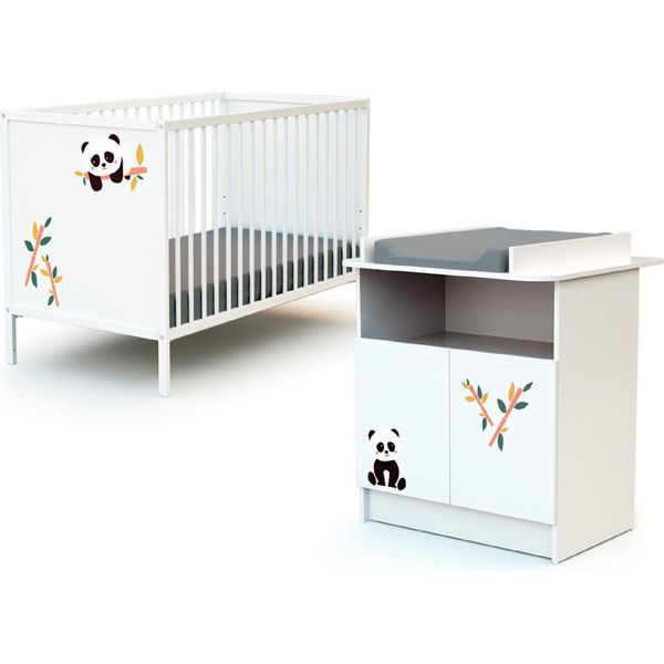 Webaby - Lettino Bambini E Cassettiera Fasciatoio Panda Legno Alba - Bianco - 60 X 120-image