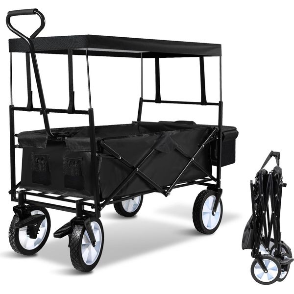 Tolletour Carrello Pieghevole Con Tetto Carrello Da Trasporto A 2 Posti Pieghevole Pneumatici In Gomma Piena Freno Fino A 80 Kg Nero-image