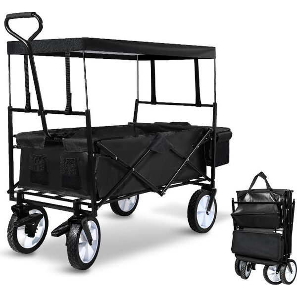 Tolletour Carrello Pieghevole Con Tetto Carrello Da Trasporto Carrello Porta Attrezzi Pieghevole, Pneumatici In Gomma Piena, Fino A 80 Kg Carrello Da Giardino Nero-image