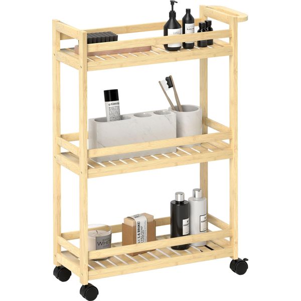 Homcom Carrello Da Portata A 3 Livelli In Bambù, Carrello Da Cucina Con Rotelle, Carrello Multiuso Con Maniglia, Carrello Portaoggetti Per Ufficio, Soggiorno, Cucina, 55 X 20 X 75 Cm, Legno Naturale-image