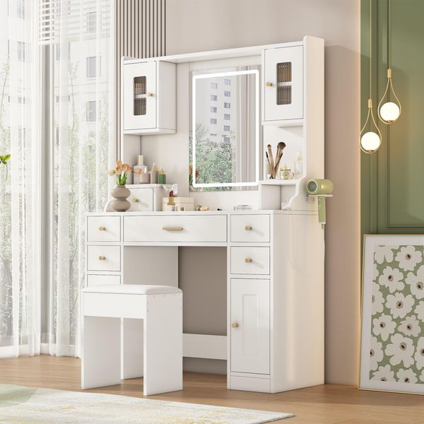 Flieks Tavolo Da Toilette Con Sgabello, Specchio Con Led, Tavolo Da Trucco Con Funzione Di Ricarica E Supporto, Tavolo Da Toilette Con Cassetti E Ante, Tavolo Da Toilette Bianco-image