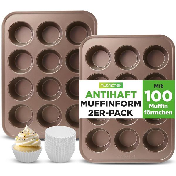 Teglia Per Muffin Nutrichef 2 Pezzi Con Rivestimento Antiaderente - Teglia Per Muffin Senza Ptfe, Pfoa, Pfos E Bpa - Teglia Per Muffin Con 12 Pirottini, 24 Pezzi In Totale - Teglia Per Muffin-image