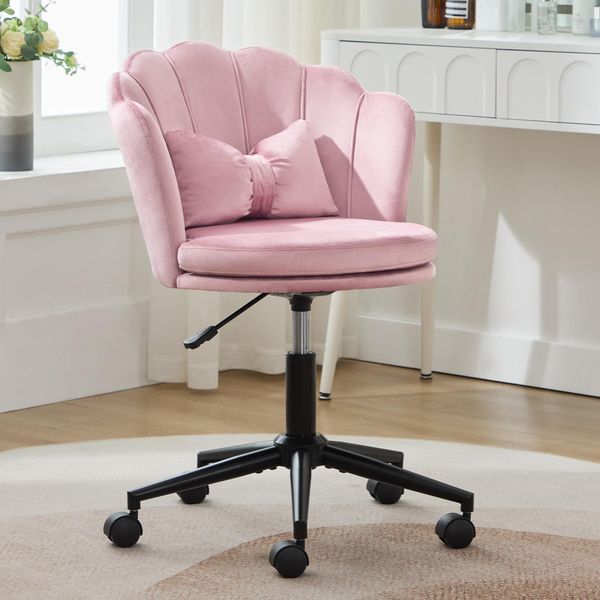 Sedia Da Ufficio Ergonomica Flieks, Sedia Da Trucco Girevole, Sedia Da Trucco Senza Braccioli, Sedia Da Scrivania Con Schienale A Petali, Rosa-image