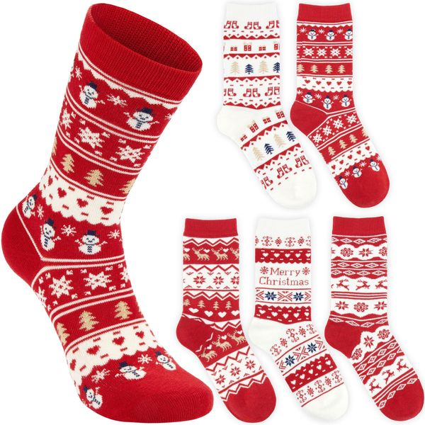 Brubaker 5 Paia Di Calze Natalizie Da Donna 36-41 - Renna E Pupazzo Di Neve - Calze Di Cotone Norvegese Rosso Bianco-image