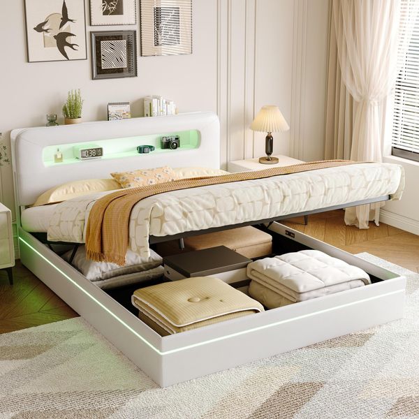 Unboxg Letto Imbottito 140X200Cm Beige Con Illuminazione A Led - Letto Contenitore Idraulico Con Mensola Sulla Testata, Letto Matrimoniale In Velluto Con Rete E Design Moderno-image