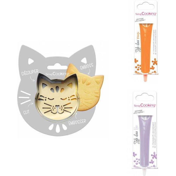 Confezione Di Biscotti Con Rilievo Di Gatto + 2 Barrette Di Cioccolato Arancioni E Viola-image