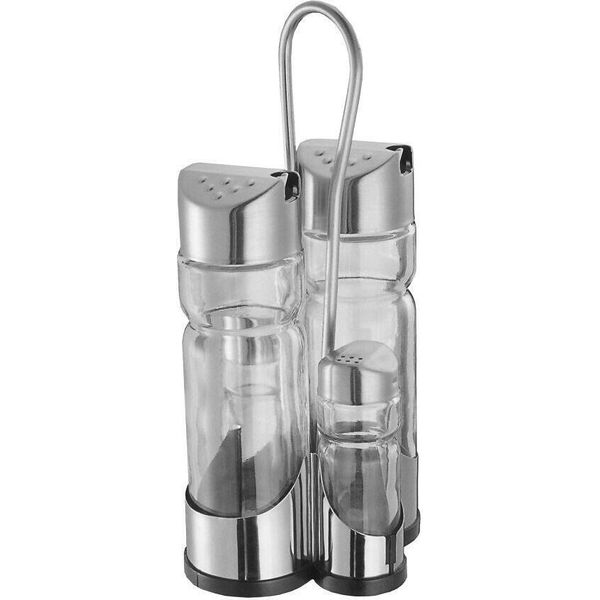 Saliera E Pepiera + Contenitore Per Olio E Aceto In Vetro. Con Supporto In Acciaio Inox-image