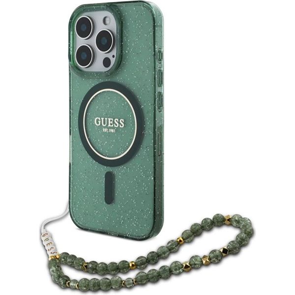 Guess Iml Glitter Con Cinturino Perlato Custodia Magsafe Per Iphone 16 Pro Max - Verde-image
