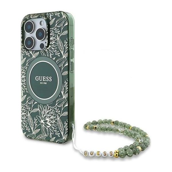 Guess Iml Flowers Allover Electro Con Cinturino Perlato Custodia Magsafe Per Iphone 16 Pro - Verde-image
