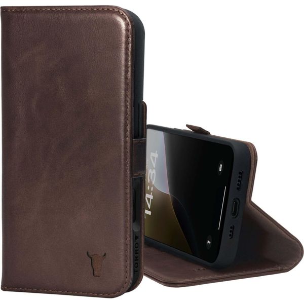 Custodia A Portafoglio In Pelle Torro Per Iphone 16 Pro (Con Funzione Stand E Ricarica Magsafe) - Marrone Scuro-image