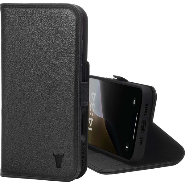 Custodia A Portafoglio In Pelle Torro Per Iphone 16 Pro (Con Funzione Stand E Ricarica Magsafe) - Nero-image