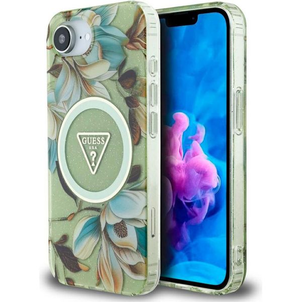 Etui Guess Iml Metal Glitter Flowers Triangle Magsafe Do Iphone 16E Zielony-image
