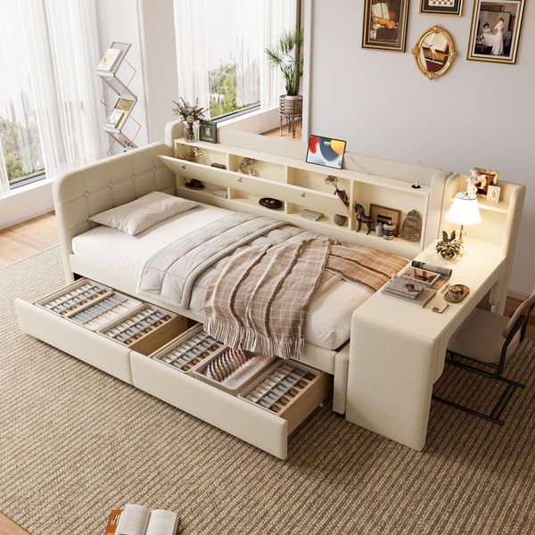 Letto Imbottito Flieks 90X200Cm Con Scrivania, Divano Letto Day Bed Con Usb E Type-C, Letto Singolo Con Contenitore, Biancheria, Beige-image