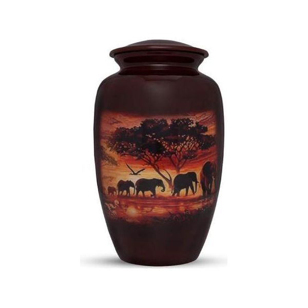 Urna Xxl Per Le Ceneri - 3,5 Litri - Urna In Metallo Per Umani E Animali - Urna Decorativa Unica - Elefanti Al Tramonto-image