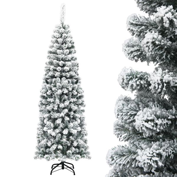 Costway Albero Di Natale A Matita 180Cm, Albero Di Natale Artificiale 500 Aghi In Pvc Con Neve, Albero Di Natale Con Supporto In Metallo, Albero Di Natale Artificiale-image