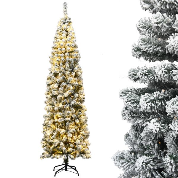 Costway Albero Di Natale A Matita 225Cm, Albero Di Natale Artificiale 641 Aghi In Pvc Con Neve, Albero Di Natale Artificiale Con 350 Led Bianchi Caldi E Supporto In Metallo-image