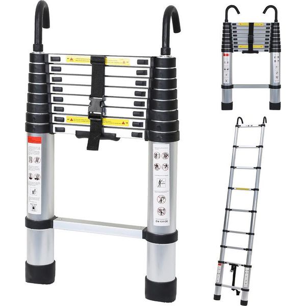 Fiqops Scala Telescopica Con Gancio Scala A Gradini In Alluminio Argento Scala Pieghevole 2,6 M-image
