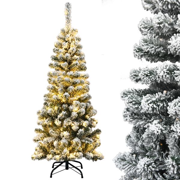 Costway Albero Di Natale A Matita 135Cm, Albero Di Natale Artificiale 242 Aghi In Pvc Con Neve, Albero Di Natale Artificiale Con 150 Led Bianchi Caldi E Supporto In Metallo-image