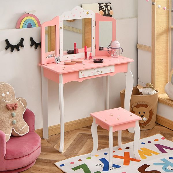 Costway Tavolino Da Toilette Per Bambini Con Sgabello, Tavolino Da Toilette Per Principesse Con Cassetto E Specchio Pieghevole A 3 Ante, Tavolino Da Toilette Rosa Bianco, Tavolino Da Trucco Per Ragazze-image