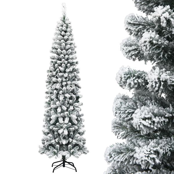Costway Albero Di Natale A Matita 225Cm, Albero Di Natale Artificiale 641 Aghi In Pvc Con Neve, Albero Di Natale Con Supporto In Metallo, Albero Di Natale Artificiale-image