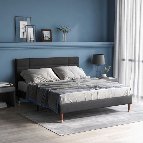 Letto Imbottito Sweiko Letto Matrimoniale 140X200Cm Con Testata E Rete A Doghe In Legno Massiccio Rivestimento In Lino Grigio Scuro (Senza Materasso)-image