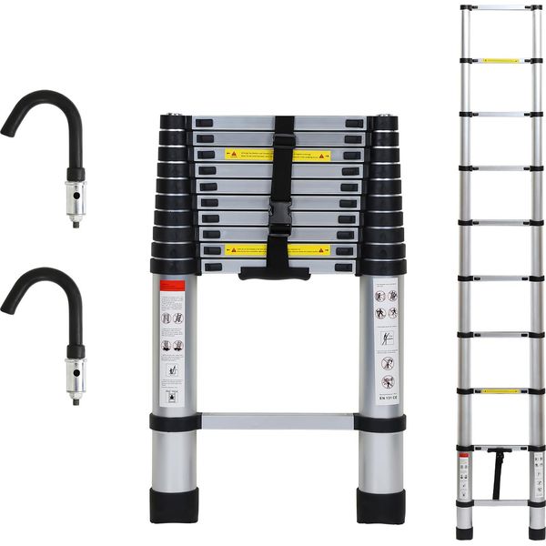Jayseuw Scala Telescopica In Alluminio Leggera Antiscivolo 3,2M Argento + Ganci Scala Multifunzionale Scala Multiuso Scala Allungabile 15 Gradini Scala A Gradini In Alluminio Di Alta Qualità Portata 150KG-image