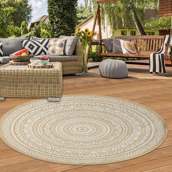 Tappeto Ethno Outdoor Tappeto Rotondo Da Giardino In Beige E Bianco - Moderno, Robusto E Versatile Dimensioni - 120 Cm Rotondo-image