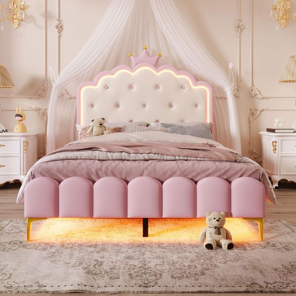Letto Imbottito, 140 X 200 Cm, Con Rete A Doghe (Senza Materasso), Luce Ambiente Con Telecomando, Rosa-image