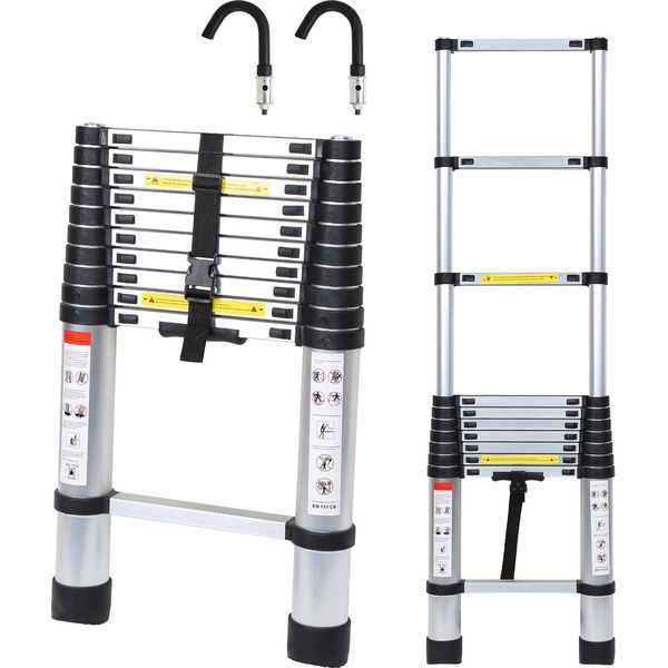 Scala Telescopica Clanmacy Argento 3,2 M Con Ganci Scala Di Prolunga Fino A 150 Kg Robusta Scala Singola In Alluminio Scala Multifunzionale Scala A Gradini-image