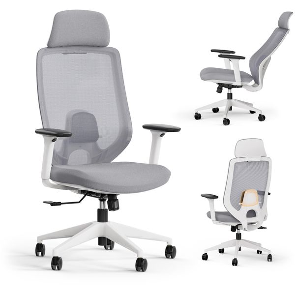 Sedia Da Ufficio Ergonomica Sense7 Nakai - Bianco/Grigio, Rete Traspirante, Braccioli 3D, Poggiatesta, Regolabile, Fino A 150 Kg-image