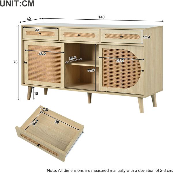 Credenza In Legno Sweiko, Lunghezza 140 Cm, Con Anta In Rattan Pe Plastic E Ripiani Regolabili, 3 Cassetti, Credenza Con 3 Ante Scorrevoli-image