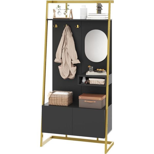 Aiorber Armadio Moderno Compatto Con Specchio, Ganci In Metallo E Panca Per Scarpe, Design Aperto Con Spazio Di Archiviazione, Nero-image