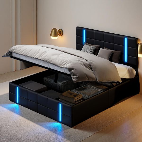 Unboxg Letto Imbottito Matrimoniale 160X200 Cm Con Led, Usb C, Letto Idraulico Con Contenitore E Testata, Letto Contenitore Struttura Letto Con Rete In Metallo E Rete A Doghe, Pu, Nero-image