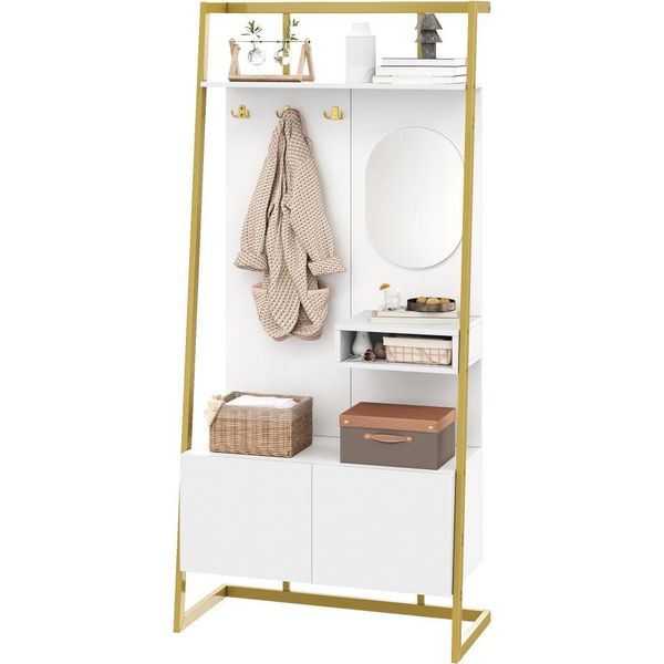 Aiorber Armadio Moderno Compatto Con Specchio, Ganci In Metallo E Panca Per Scarpe, Design Aperto Con Spazio Di Archiviazione, Bianco-image