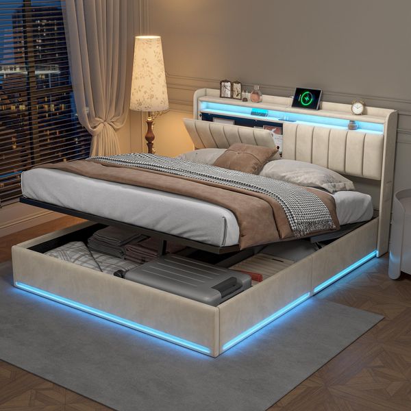 Unboxg Letto Imbottito 160X200Cm Con Usb, Letto Giovanile Matrimoniale Con Rete A Doghe E Contenitore, Letto Contenitore Con Led, Letto Funzionale Letto Giovanile, Letto A Molle, Velluto, Beige-image