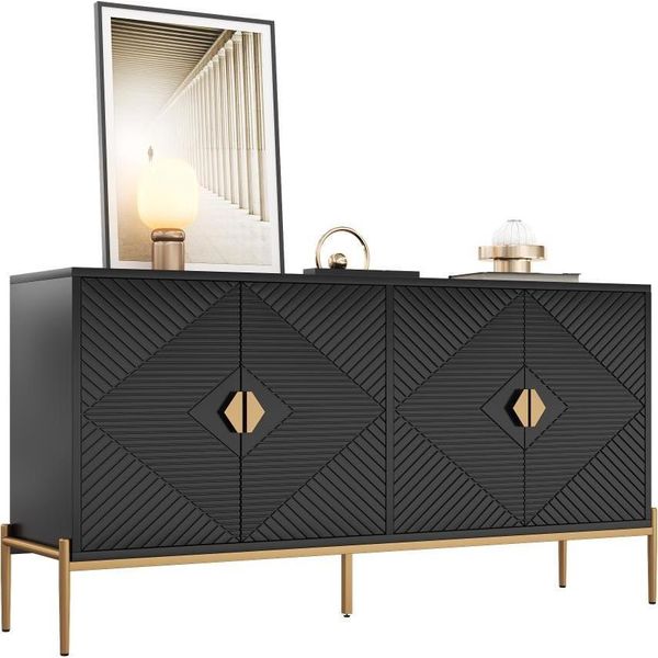 Aiorber Credenza Compatta A 4 Ante Con Ampio Spazio Di Archiviazione E Frontale Geometrico, Armadio Per Soggiorno/Sala Da Pranzo/Ingresso, Nero-image