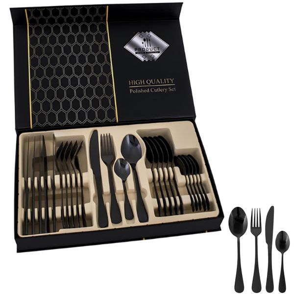 Elegante Set Di Posate Nere Per 6 Persone - 24 Pezzi In Acciaio Inox In Stile Moderno-image
