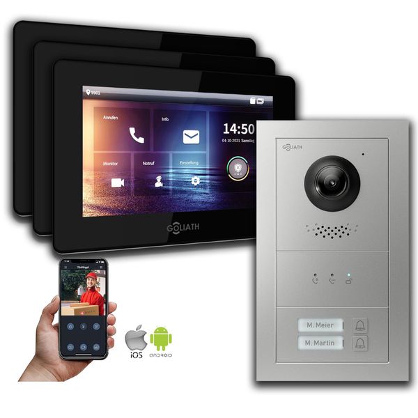 Videocitofono Ip Goliath: 7 Pollici 3 Monitor 2 Fam., Display, Argento : Scatola Da Incasso : 7 Pollici In Nero : 4 Connessioni Poe Tramite:: 4 Selezione Monitor Poe : 7 Pollici In Nero Scatola Di Montaggio Per Campanelli: Scatola Da Incasso-image