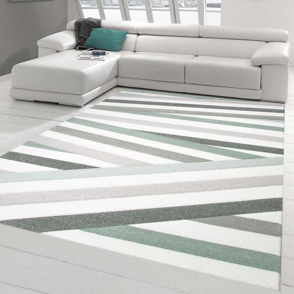 Tappeto Di Design Tappeto Moderno Tappeto Per Il Soggiorno Tappeto A Pelo Corto Con Strisce Di Contorno Colori Pastello Verde Crema Beige Dimensioni - 80 X 300 Cm-image