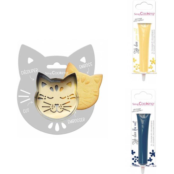 Confezione Di Biscotti Con Gatto In Rilievo + 2 Bastoncini Di Cioccolato Giallo Pastello E Blu Notte-image