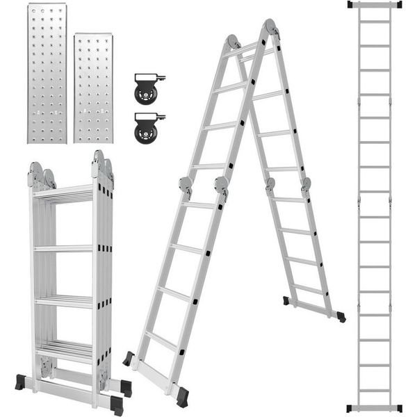 Scala Telescopica Jayseuw In Alluminio Leggera Antiscivolo 4X4 Livello+Ruota+Bordo Scala Multifunzionale Scala Allungabile 15 Gradini Scala A Gradini In Alluminio Di Alta Qualità Portata 150KG-image