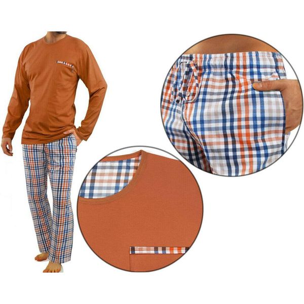 Pigiama Uomo Sesto Senso 100% Cotone Maniche Lunghe + Pantaloni Pigiama Notte - 2527/04 Bronzo - Xxl-image