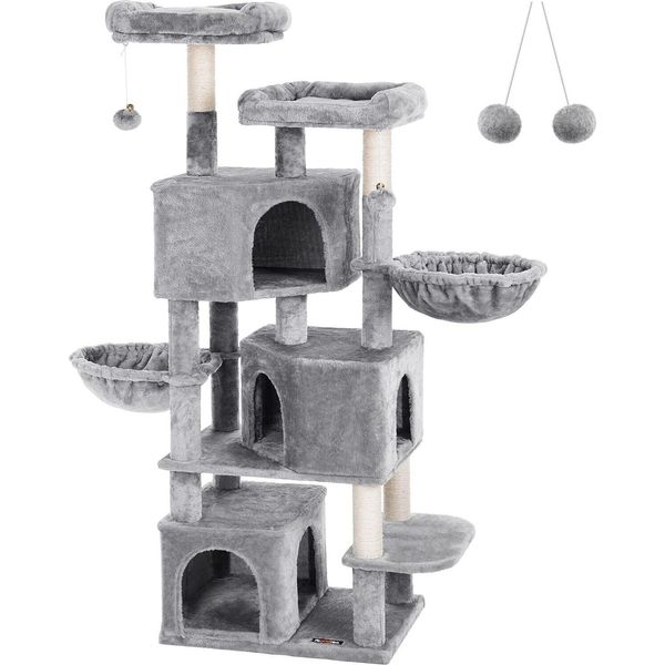 Feandrea Tiragraffi Grande, Con 3 Grotte Per Gatti, Tiragraffi Da 164 Cm, Grigio Chiaro-image