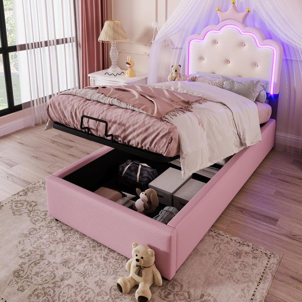 Letto Imbottito, 90 X 200 Cm, Con Rete A Doghe (Senza Materasso), Luce Ambiente, Contenitore Idraulico, Rosa-image