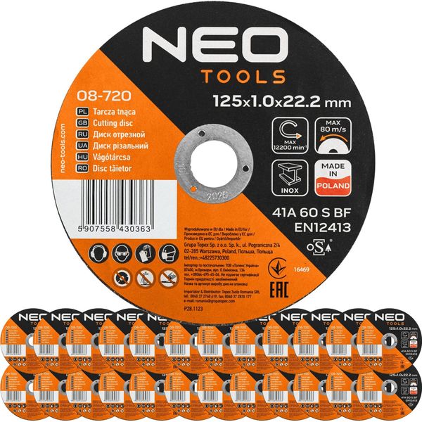 Neo Tools Dischi Da Taglio Ø 125 X 1,0 Mm X 22,23 Mm 25 Pezzi | Inox E Acciaio - Metallo Acciaio Inox - Disco Flessibile Per Smerigliatrice Angolare - Disco Da Smerigliatura-image