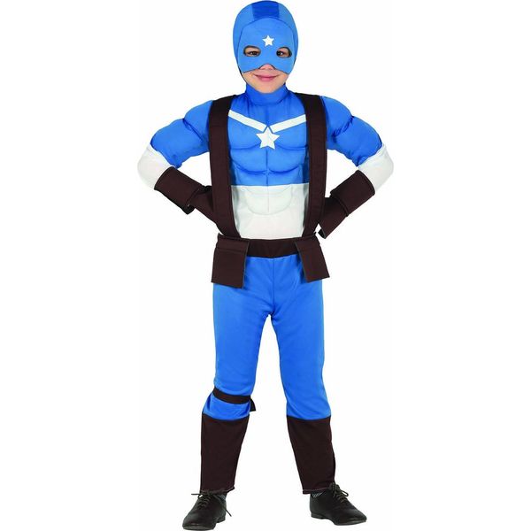 Supereroe Avventura Capitano Costume Carnevale Comico Blu Bianco Stella Eroe Casco Imbottito Costume Bambini Fantasia Viaggio Dell'eroe Avventura, Taglia: 140/146 Colore: Blu-image