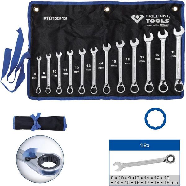 Brilliant Tools Set Di Chiavi Ad Anello A Cricchetto 12 Pz. Reversibili 8 - 19 Mm - BT013212-image