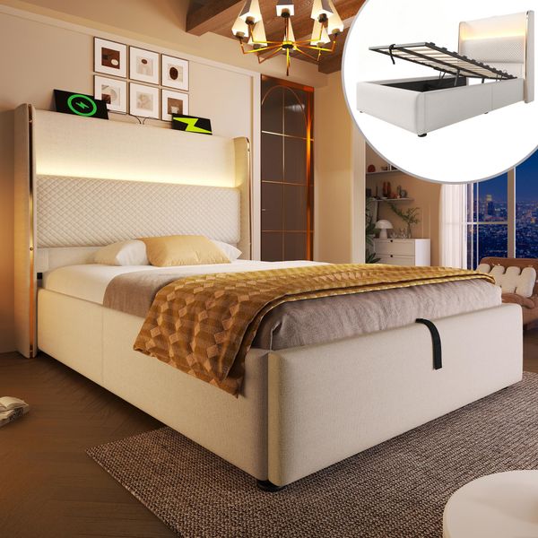 Letto Imbottito Idraulico Flieks 90X200Cm Con Connessioni Usb/Type-C, Letto Contenitore Letto Singolo Letto Per Ragazzi Con Led, Lino, Beige-image